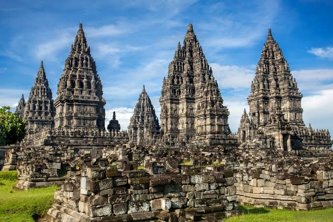 The stone towers and pathways of Prambanan temple complex